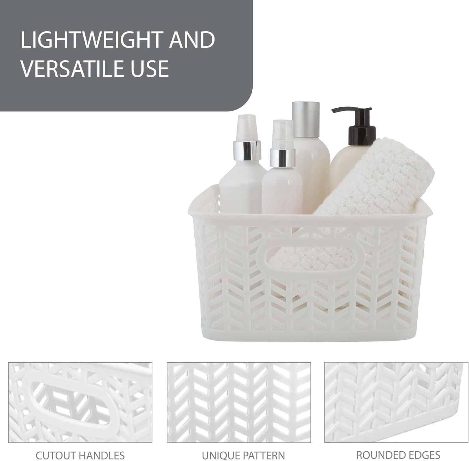 Simplify Small Herringbone Bin Storage Tote Basket Organizer Decorative, Good for Closets, Countertops, Desks, Dressers, Accessories, Cleaning Products, Sports Equipment, Toys, White